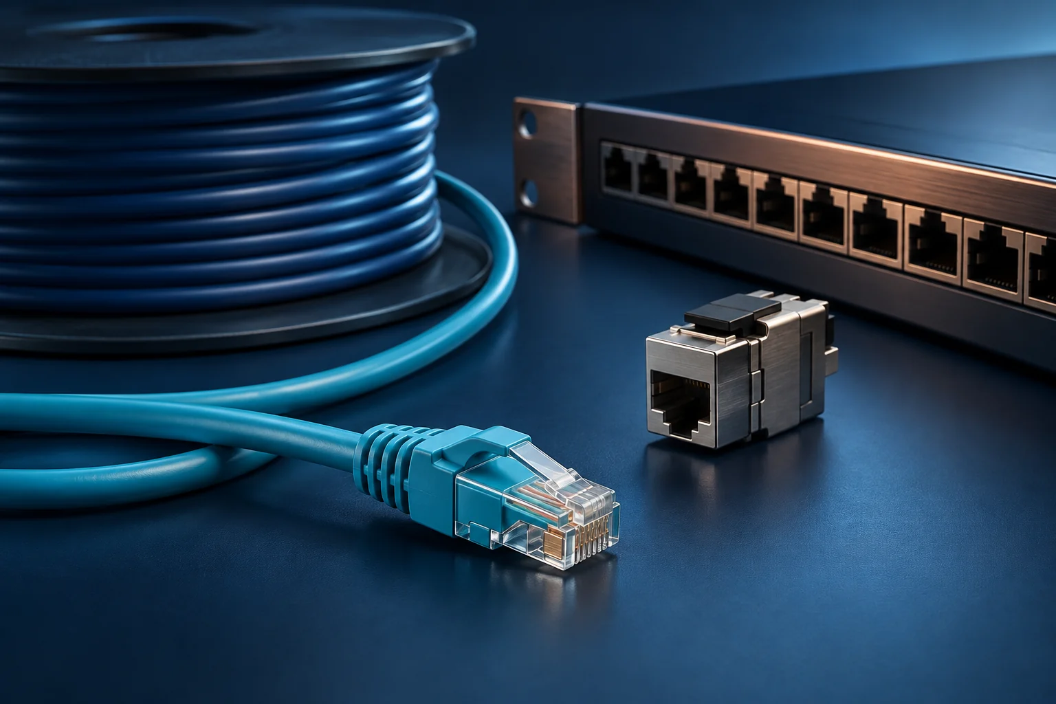 Network cable, patch cord, keystone jack and patch panel